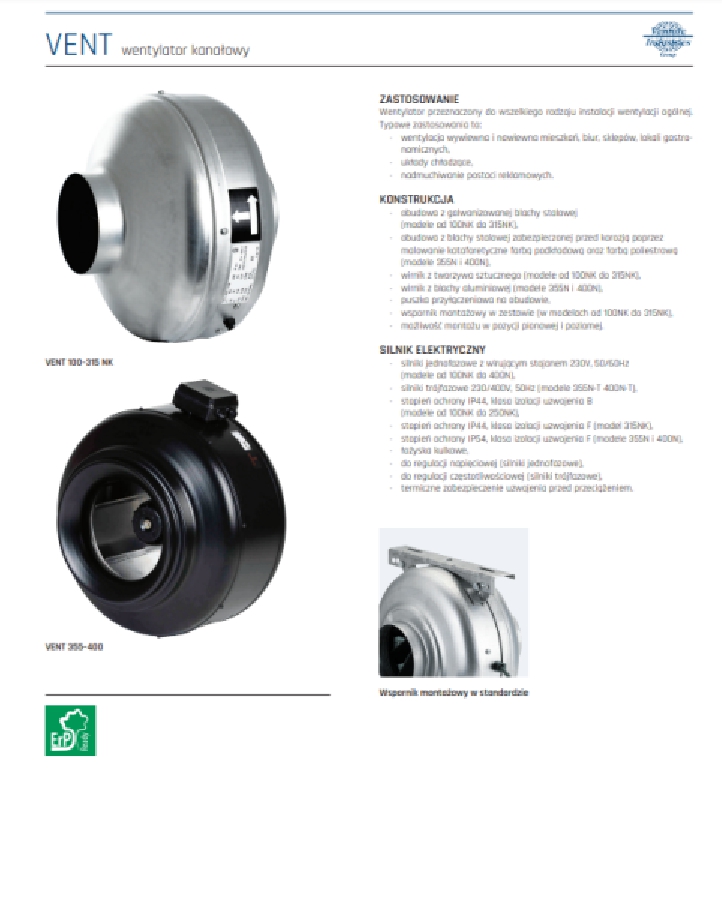 Karta katalogwoa wentylatory kanałowe VENT